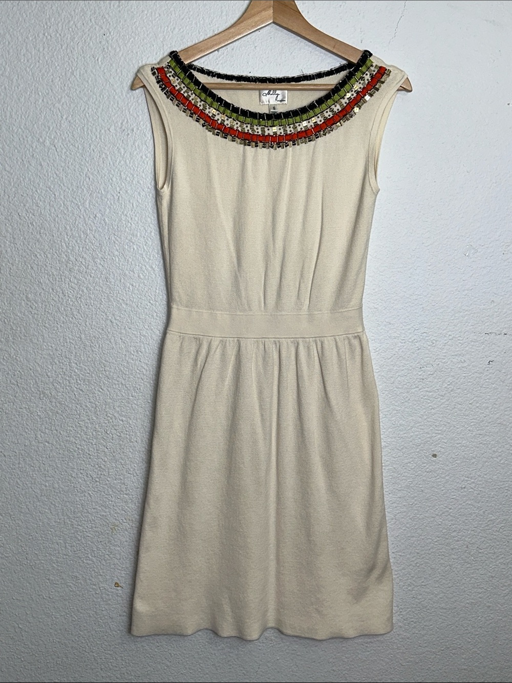 Milly New York Cream Sleeveless Dress Embellished Knit Stretchy Womens‎ Small